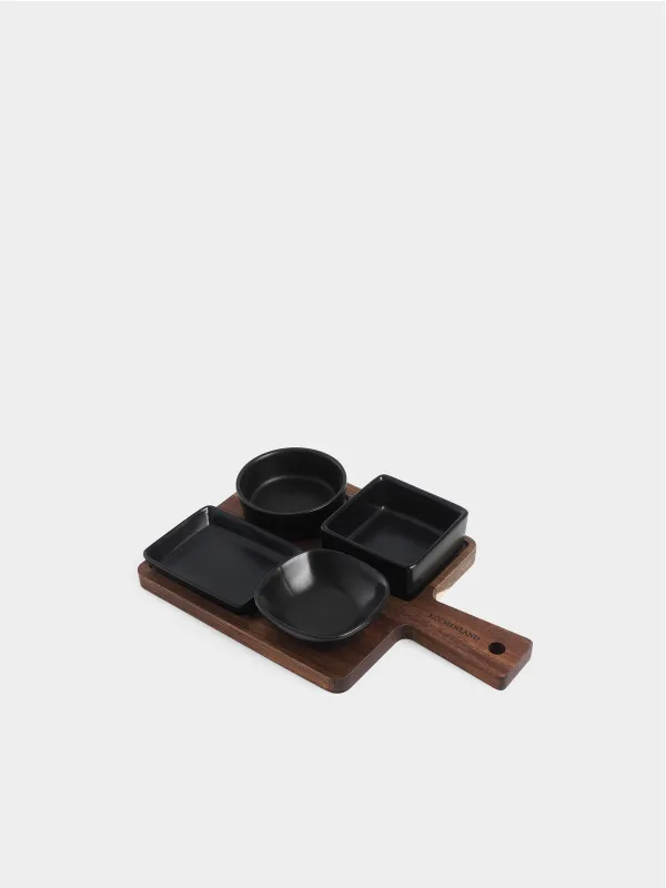 Snack set, 4 items, on a stand, ceramic / wood, black, Shape geometry, Black style , image-0