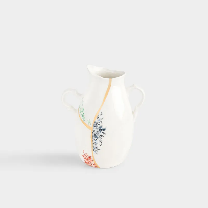 Flower vase, 24 cm, with handles, ceramic, white and gold, Broken print, Revival