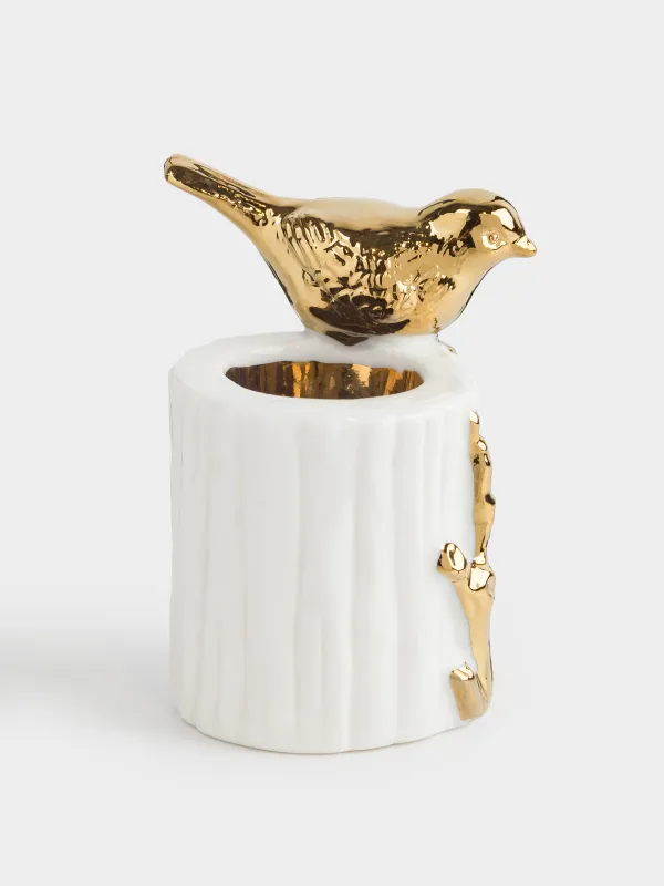 Toothpick stand, 8 cm, ceramic, milky gold, Bird on a branch, Paradise garden, image-1