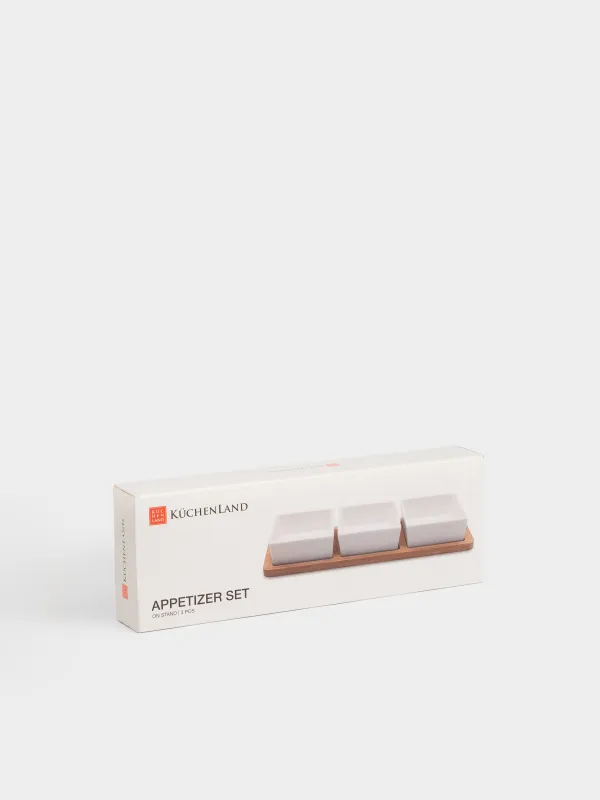 Snack set, 3 items, on a stand, ceramic / bamboo, square bowls, Bamboo, image-7