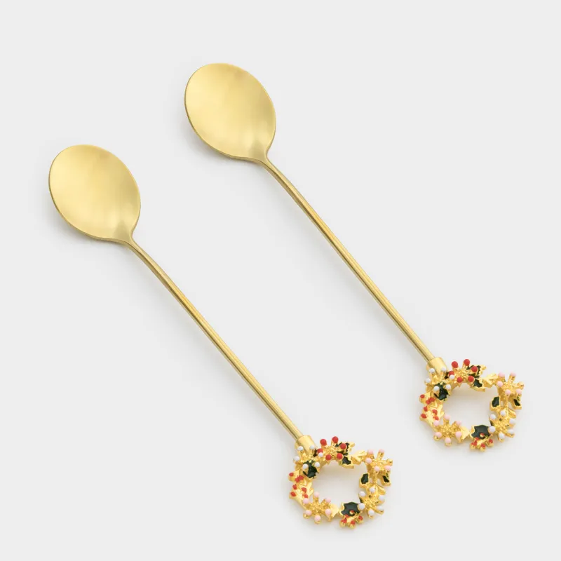Dessert spoon, 15 cm, 2 pcs, steel, golden, Wreath, Christmas miracle