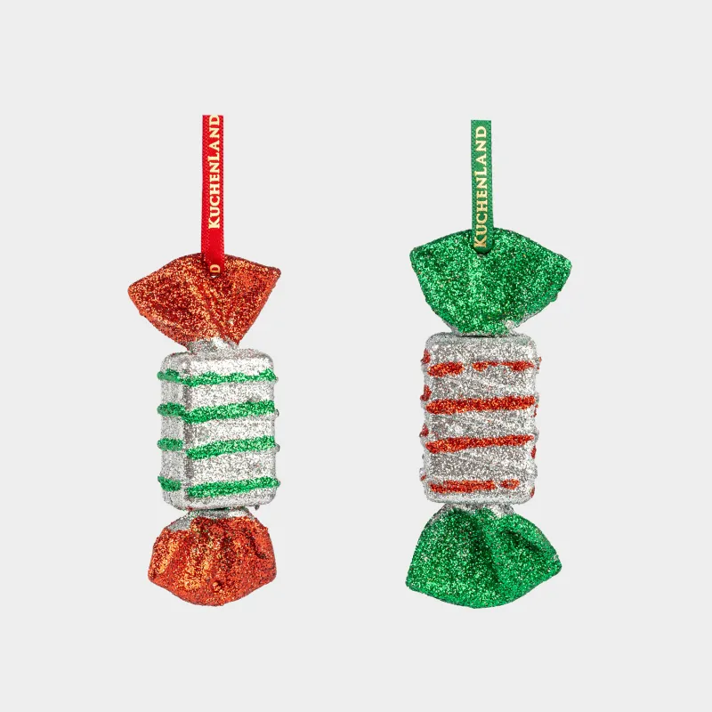 Christmas tree toy set, 7 cm, 2 pcs, plastic, with glitter, green-red, Candy, Figure sparkle