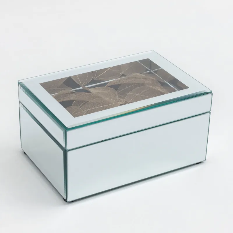 Jewelry box, 20x14 cm, glass, mirror, Golden leaves, Glossy, image-2