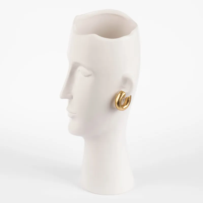Flower vase, 34 cm, decorative, ceramic, white, Girl with golden earrings, Face, image-2
