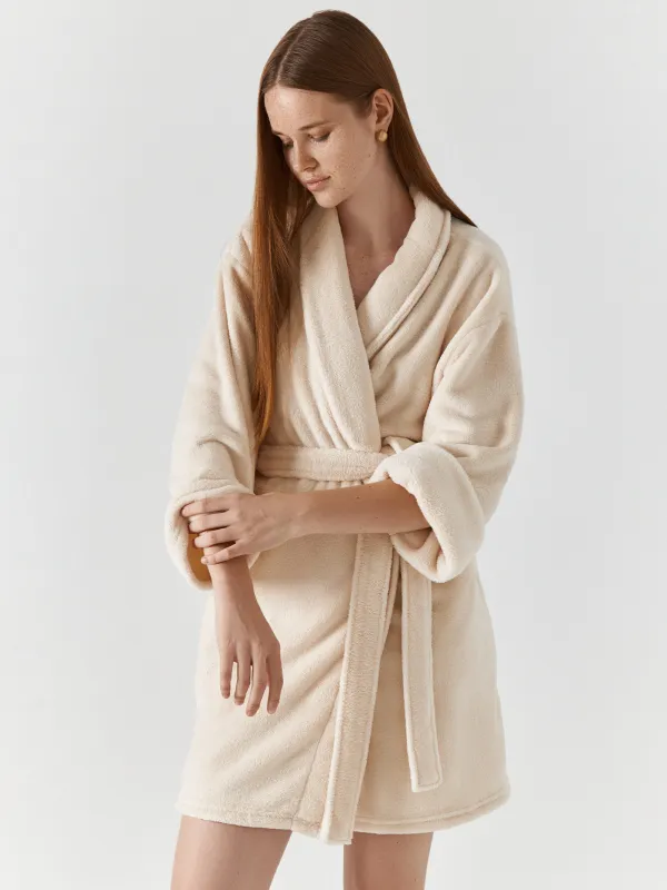 Bathrobe for women, homewear, size S/M, with long sleeves, fleece, milk, Letisha, image-5