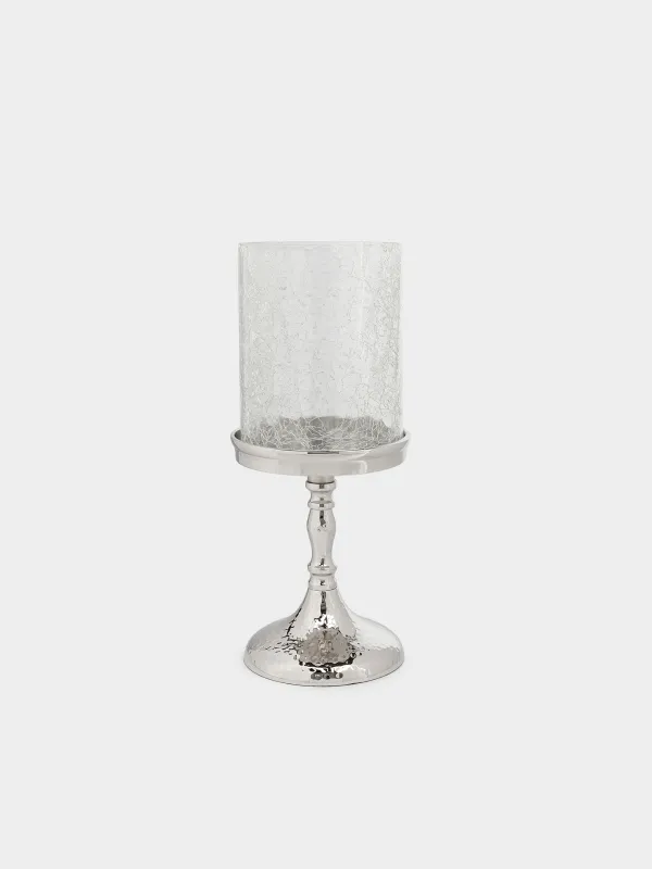 Candle holder, 26 cm, on a leg, glass / metal, silver, Craquelure, Fantastic R, image-0