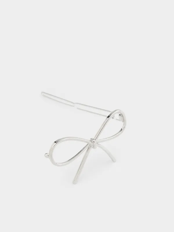 Hair clip, 7 cm, for children, metal, silver, Bow, Hair silver, image-1