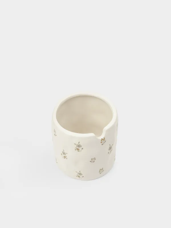 Sugar bowl, 11 cm, 370 ml, with spoon, ceramic / wood, milk, Vintage flowers, La flore, image-5