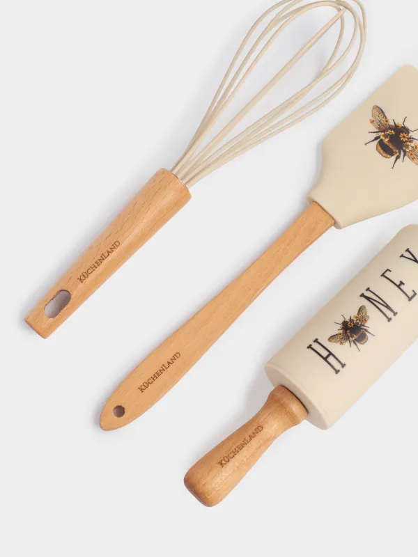 Baking set, 3 items, spatula /whisk/Rolling pin, silicone / wood, beige, Bumblebee, Honey, image-2