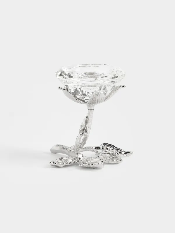 Candlestick, 9 cm, for tea / thin candle, on a leg, crystal glass / metal, Flower, Diamond, image-0