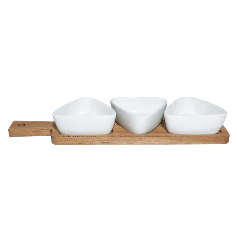 Snack set, 3 items, on a stand, ceramic / wood, white, Triangles, Noble tree, image-1