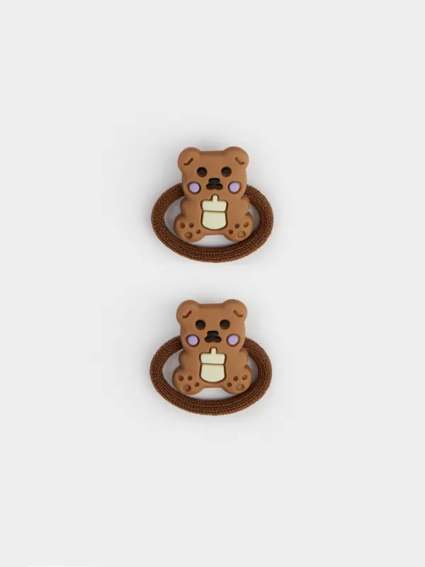 Hair tie, 3 cm, 2 pcs, for children, plastic / polyester, brown, Bear, Gracile, image-0