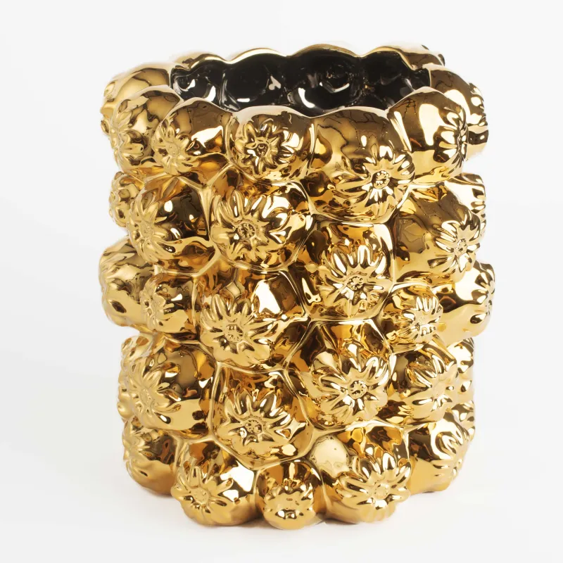 Flower vase, 19 cm, decorative, ceramic, golden, Flowers, Bloome