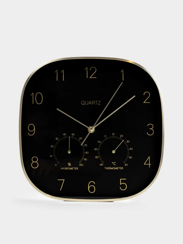 Wall clock, 30 cm, with thermometer and hygrometer, metal / glass, black, Dial, image-0