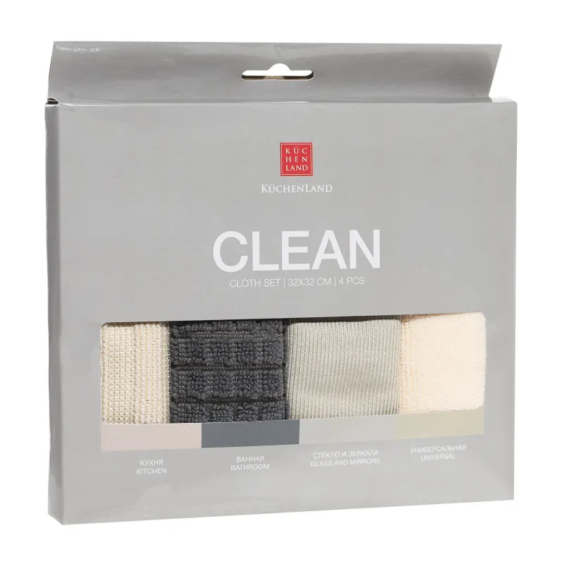 Set of cleaning cloths, 32x32 cm, 4 pcs, multifunctional, microfiber, color, Clean