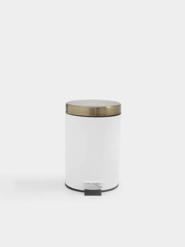 Trash can, 3 L, with pedal, metal, white and gold, Freya, image-1