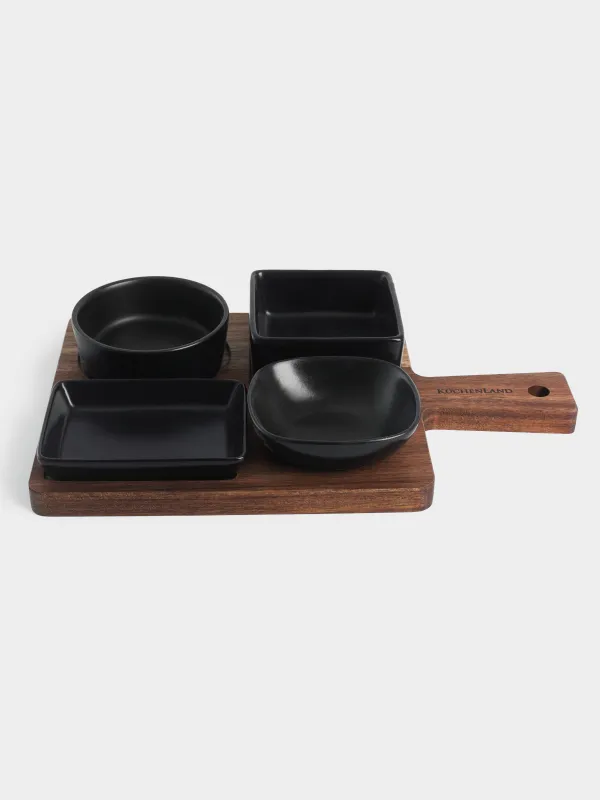Snack set, 4 items, on a stand, ceramic / wood, black, Shape geometry, Black style , image-2