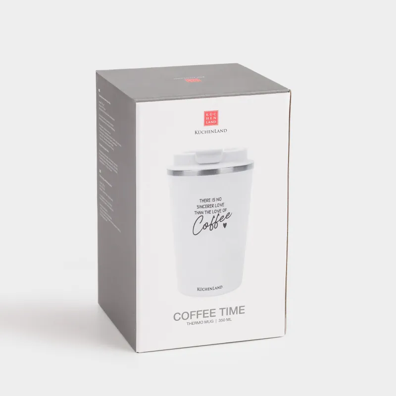 Thermo mug, 350 ml, steel / plastic, white, with inscription, Coffee time, image-6