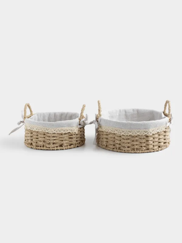 Storage basket set, 2 pieces, cellulose/cotton, round, Braided, image-0