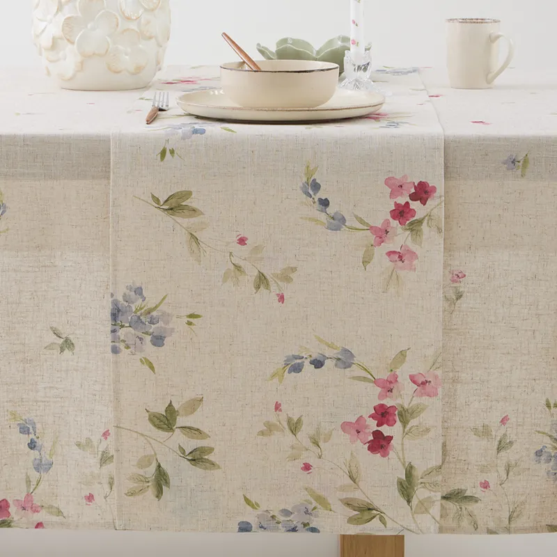 Table runner, 40x160 cm, polyester / linen, beige, Flowers, Colorful flowers