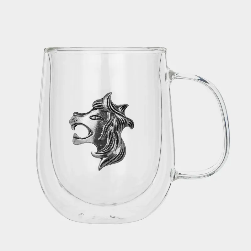 Mug, 350 ml, glass B / metal, silver, Lion, Air zodiac, image-1