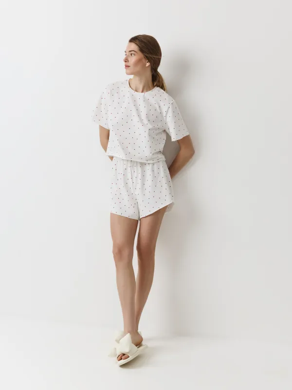 Women's set, homewear, size L, cotton / elastane, white, Hearts, Mariona, image-1