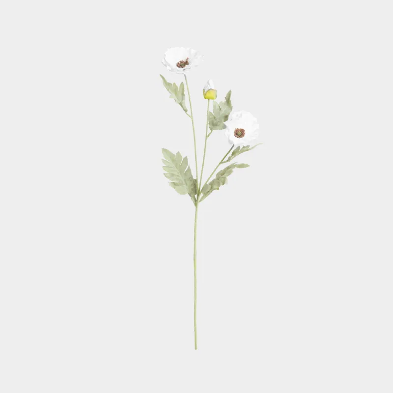 Decorative branch, 68 cm, EVA/metal, White poppy, Poppy garden