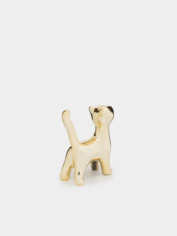Jewelry holder, 9 cm, porcelain P, golden, cat, Cat, image-1