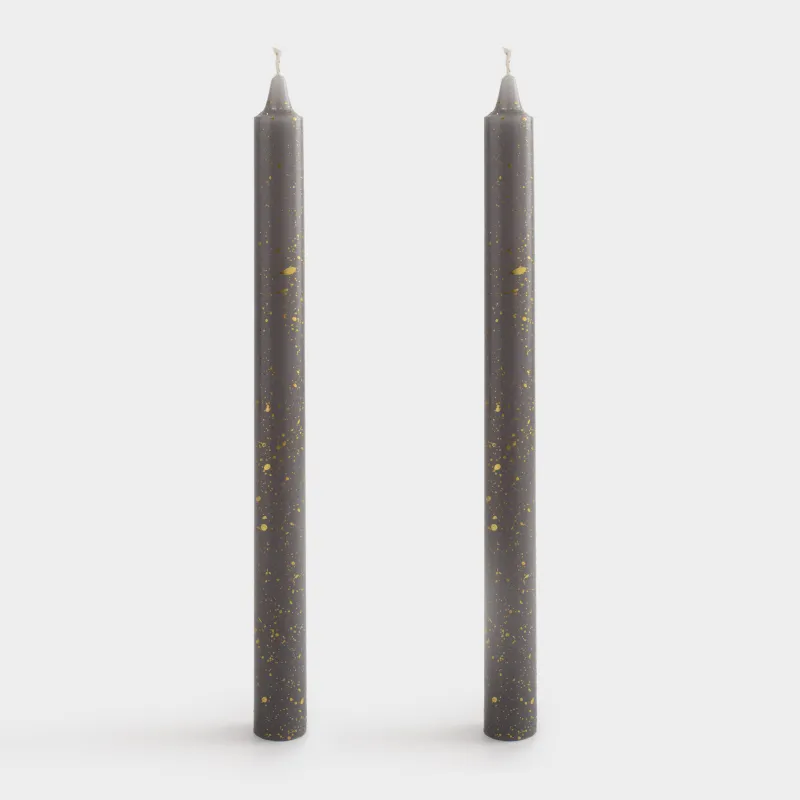 Candle, 25 cm, 2 pcs, thin, grey, golden speckled, Sparkly candle