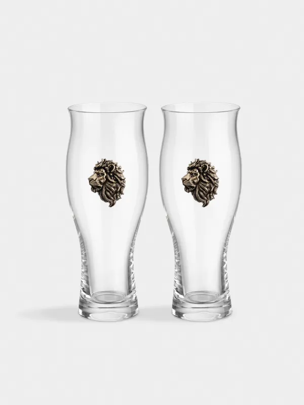 Drinking glass, 17 cm, 600 ml, 2 pcs, glass / metal, Golden lion, Lux elements, image-0