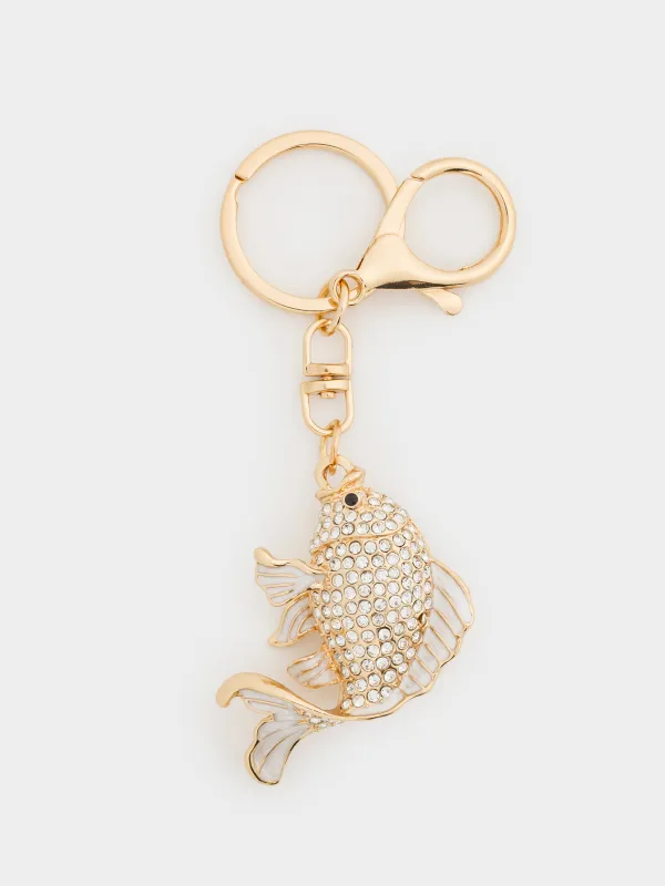 Keychain, 12 cm, metal / rhinestones, gold, Fish, Keychain crystal, image-0
