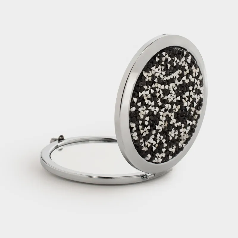 Pocket mirror, 7 cm, double-sided, steel, silver, Black sequins, Actress