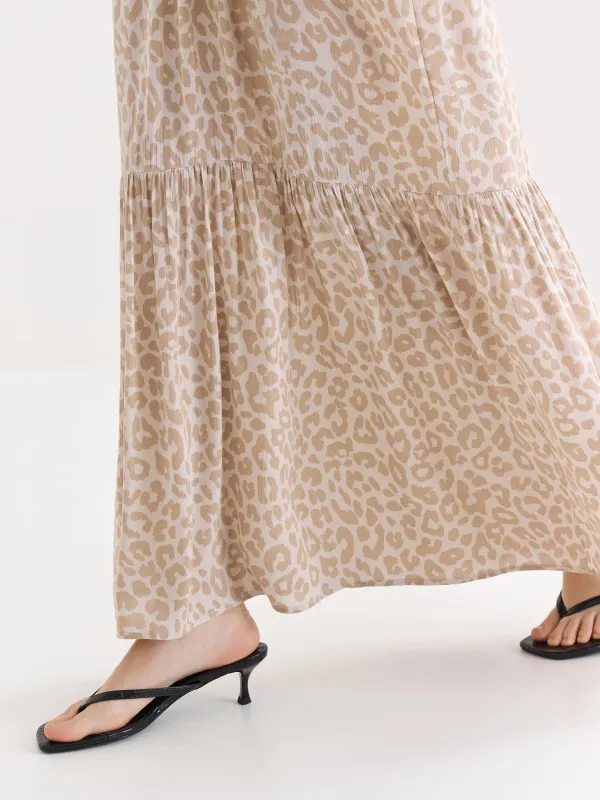 Women's dress, maxi, size S, with long sleeves, Viscose, Gray-beige, Leopard, Becky, image-3