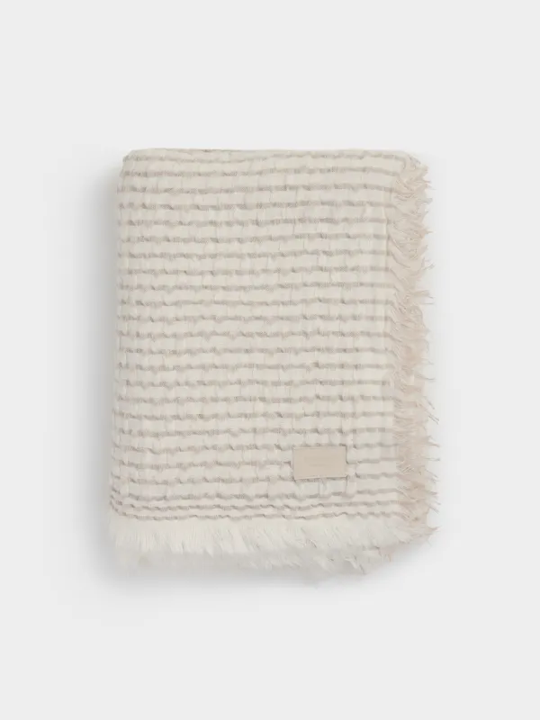 Plaid, 130x170 cm, with fringe, acrylic / polyester, milky beige, Stripes, acrylic, image-5