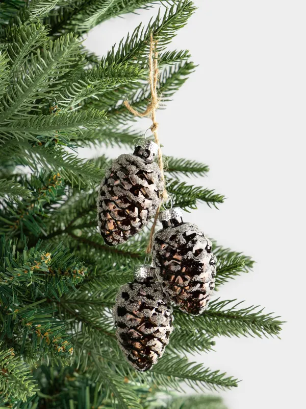 Christmas tree toy, 15 cm, glass, with glitter, bronze, Cones, Pine christmas, image-2