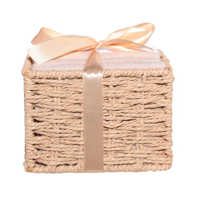 Towel, 30x30 cm, 6 pcs, in a basket with a bow, cotton, beige/white, Basket towel