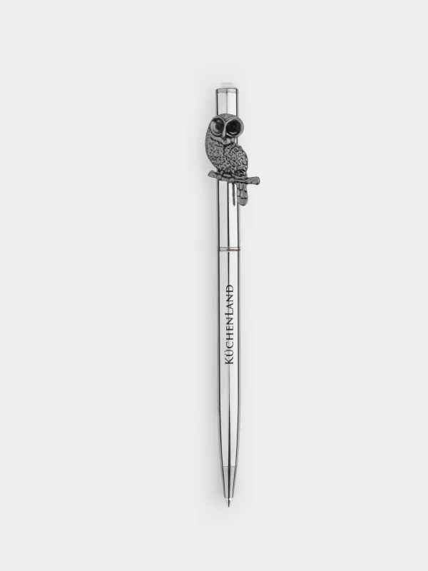 Ballpoint pen, 14 cm, with a figure, steel, black and silver, Owl, Draw figure, image-0