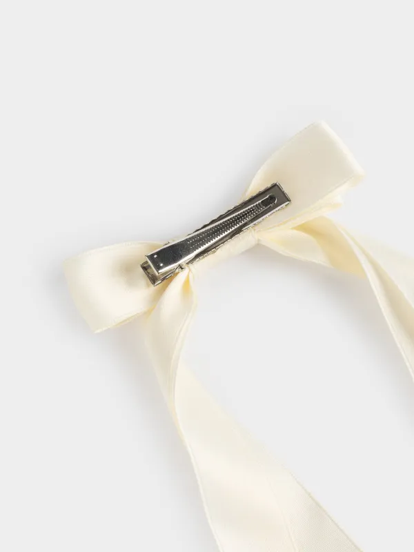 Hair clip, 24 cm, for children, satin / metal, milky, Bow, Silk, image-2