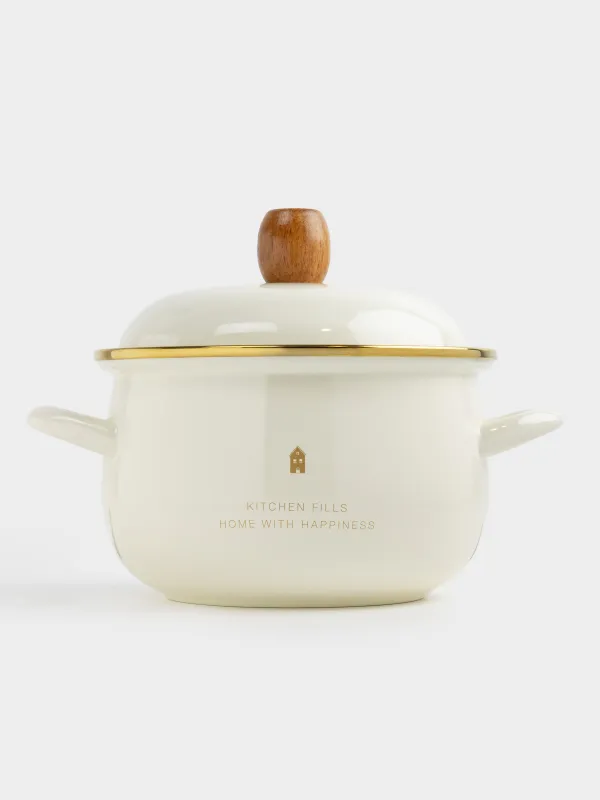 Pot, 20 cm, 2.8 l, with lid, enameled metal / wood, milky, House, Enamel, image-6