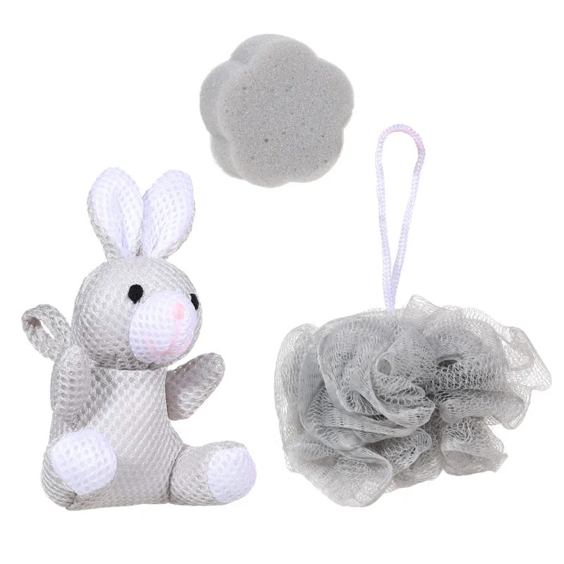 Shower set, 3 items, children's, in a cosmetic bag, polyester, gray, Rabbit, Rabbit