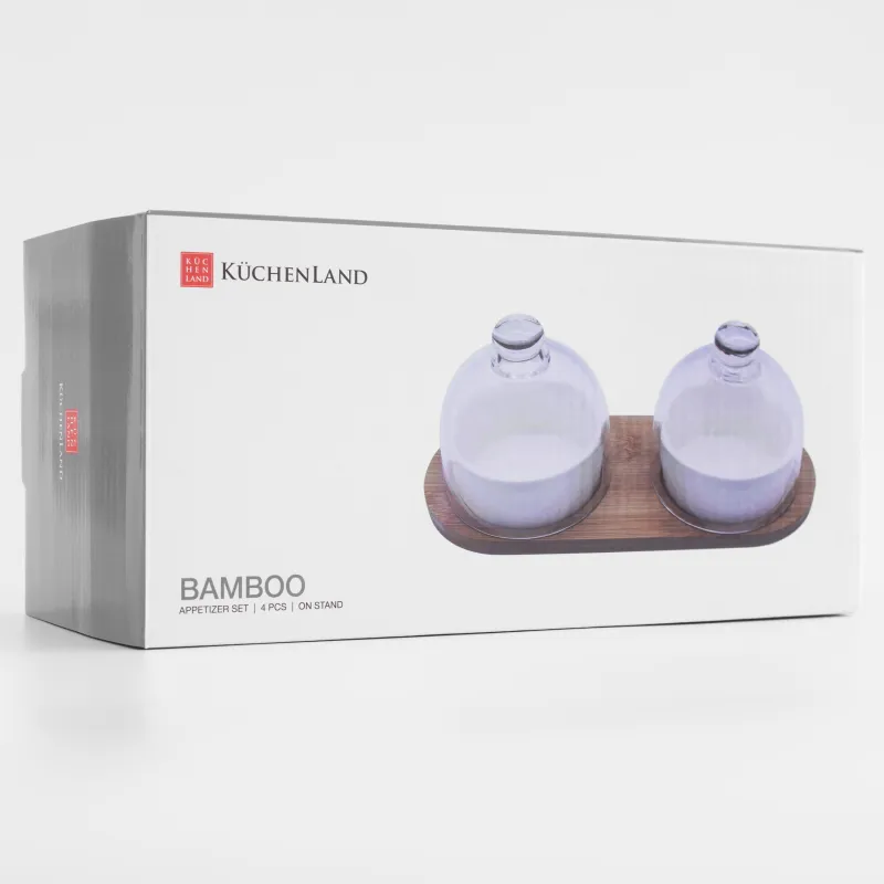 Snack set, 4 items, on a stand, ceramic / bamboo, white, Bowls with lid, Bamboo, image-6