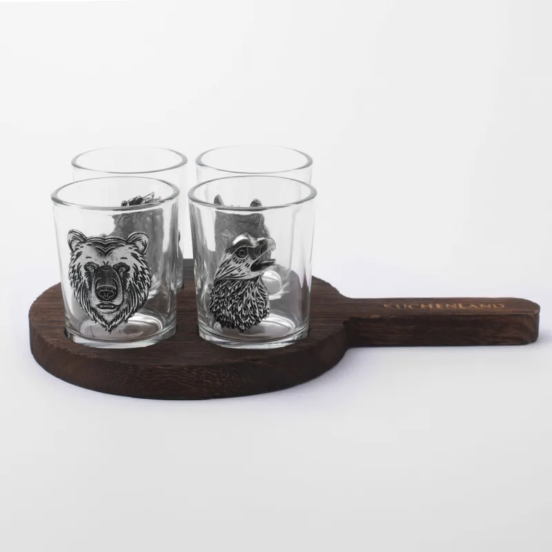Drinking glass, 80 ml, 4 pcs, on a stand, glass/metal/tree, Eagle and beasts, Lux elements decor, image-0
