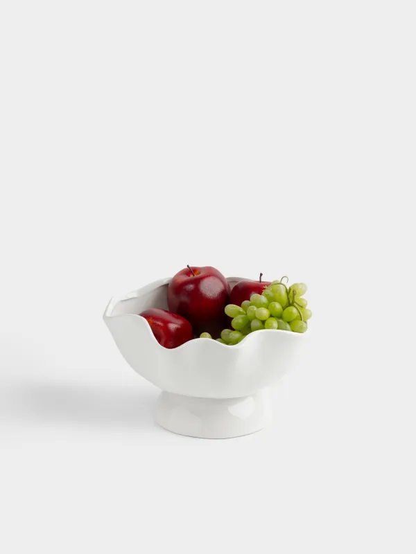 Fruit bowl, 24x15 cm, on a leg, ceramic, milky, Wavy edge, Crumple, image-3