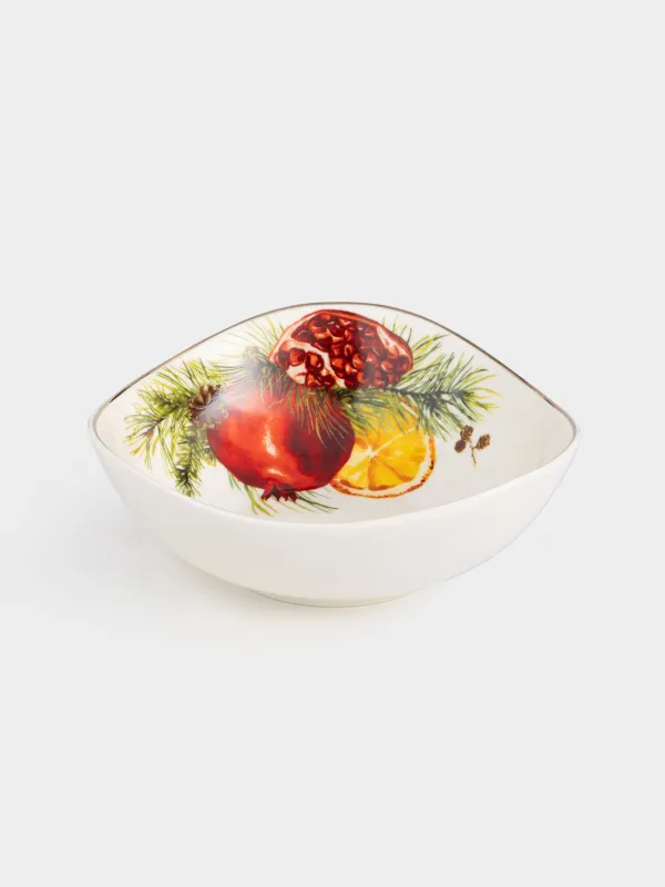 Bowl, 14x5 cm, porcelain N, white, with golden edging, Pomegranates and orange, Christmas miracle, image-1