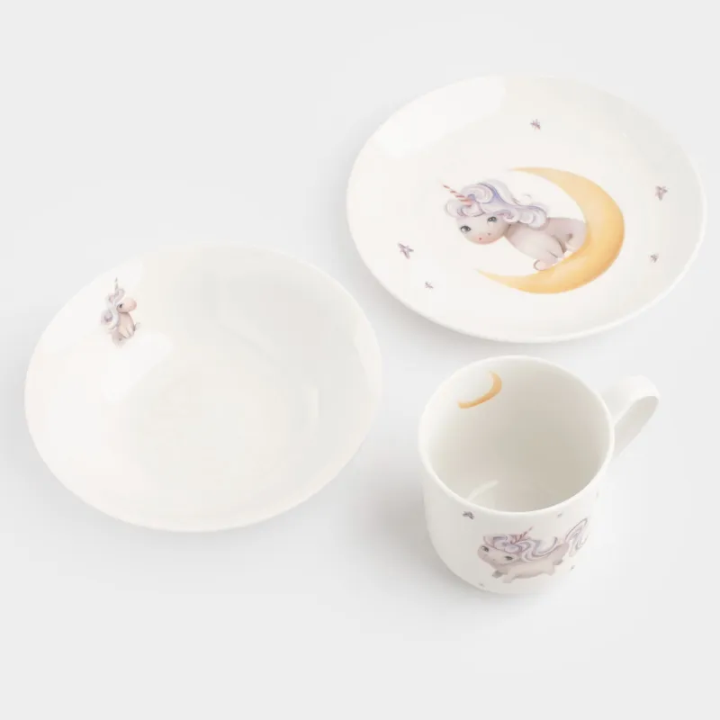 Children's tableware set, 3 items, porcelain N, white, Unicorn and month, Unicorn, image-1