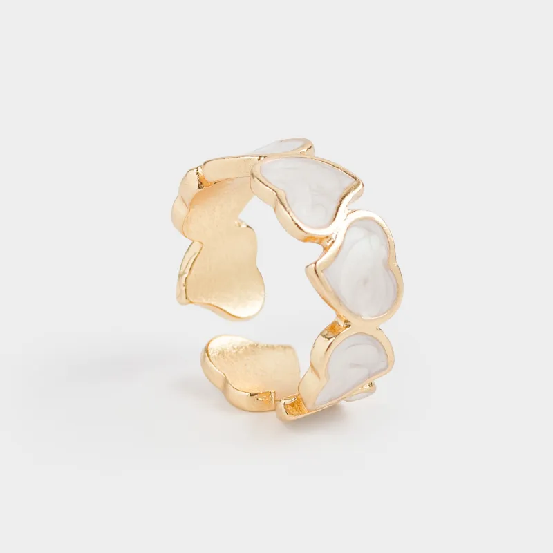 Ring, size S-M, single size, metal / acrylic, golden beige, Hearts, Jewelry heart