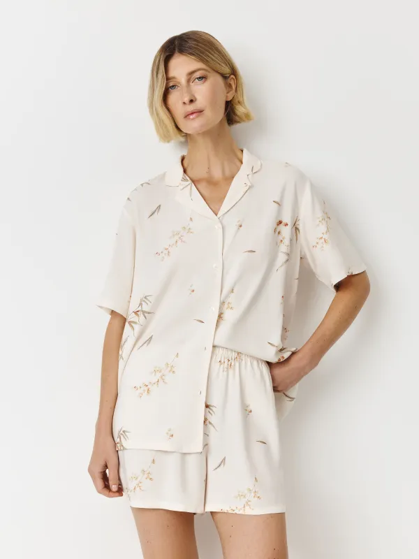 Women's shirt, homewear, size L, with short sleeves, viscose, milky, Flowers, Norla, image-0