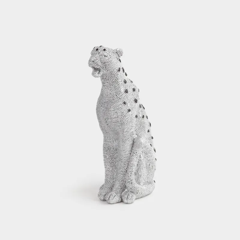 Statuette, 29 cm, polyresin / rhinestones, silver, Leopard, Leopard
