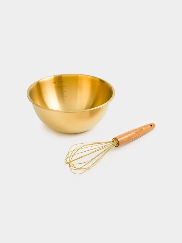 Baking set, 2 items, bowl / whisk, with measuring scale, steel / wood, golden, Classic gold, image-1