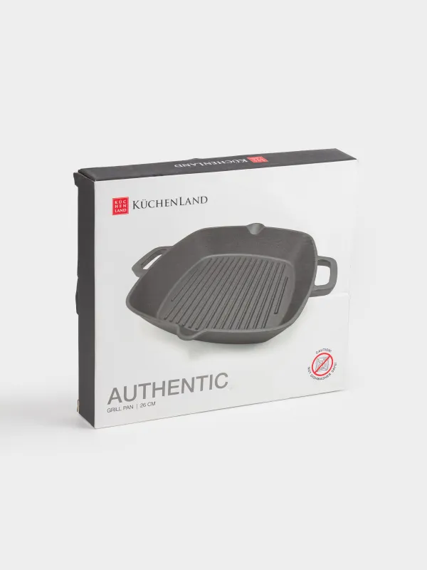 Grill pan, 26 cm, with handles, cast iron, square, black, Authentic, image-7